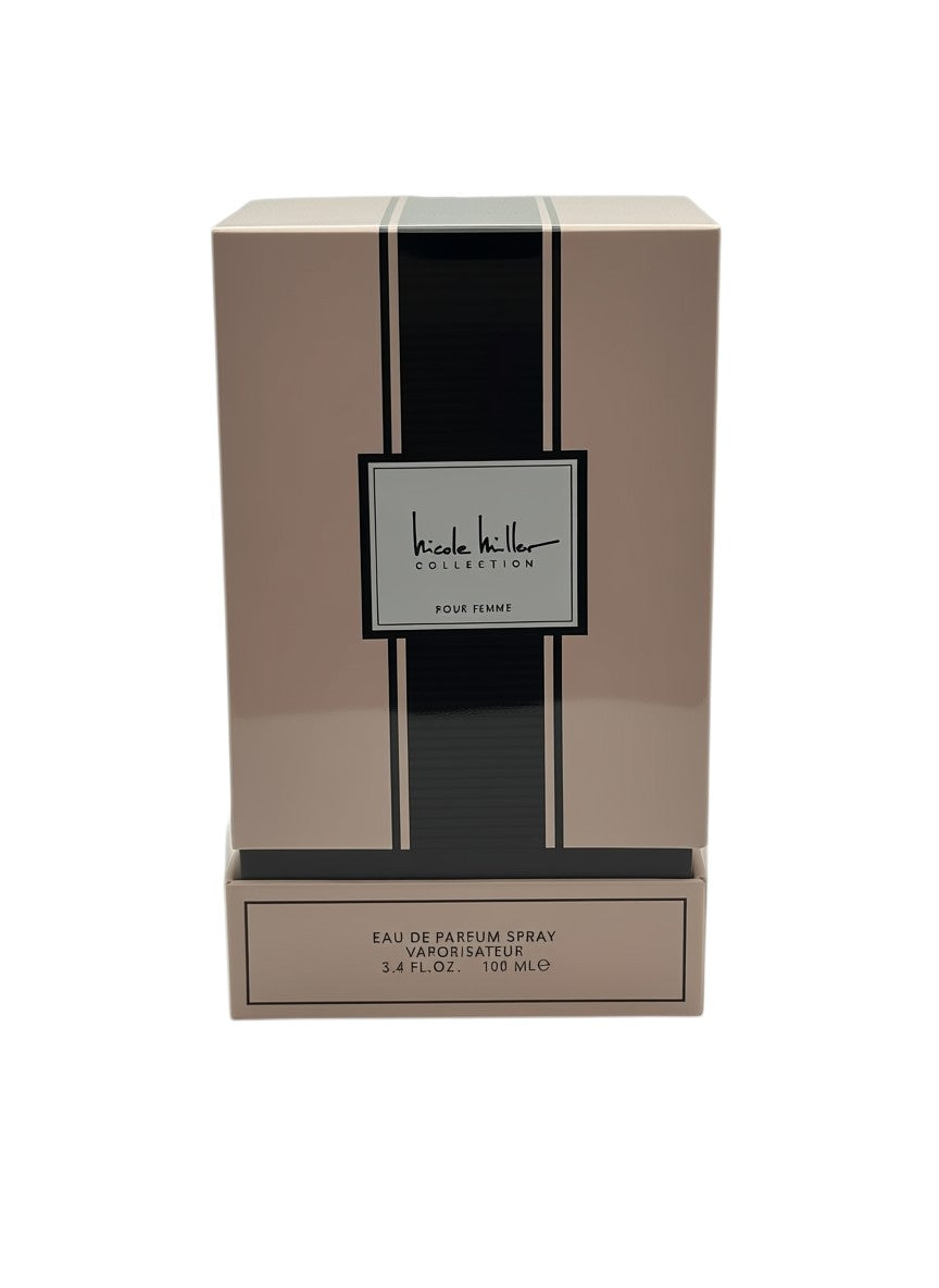 Paradime Enterprise LLC Nicole Miller Collection Pour Femme Eau de Parfum box in beige and black packaging