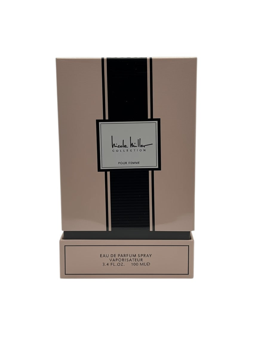 Paradime Enterprise LLC Nicole Miller Collection Pour Femme Eau de Parfum spray box in beige and black packaging.