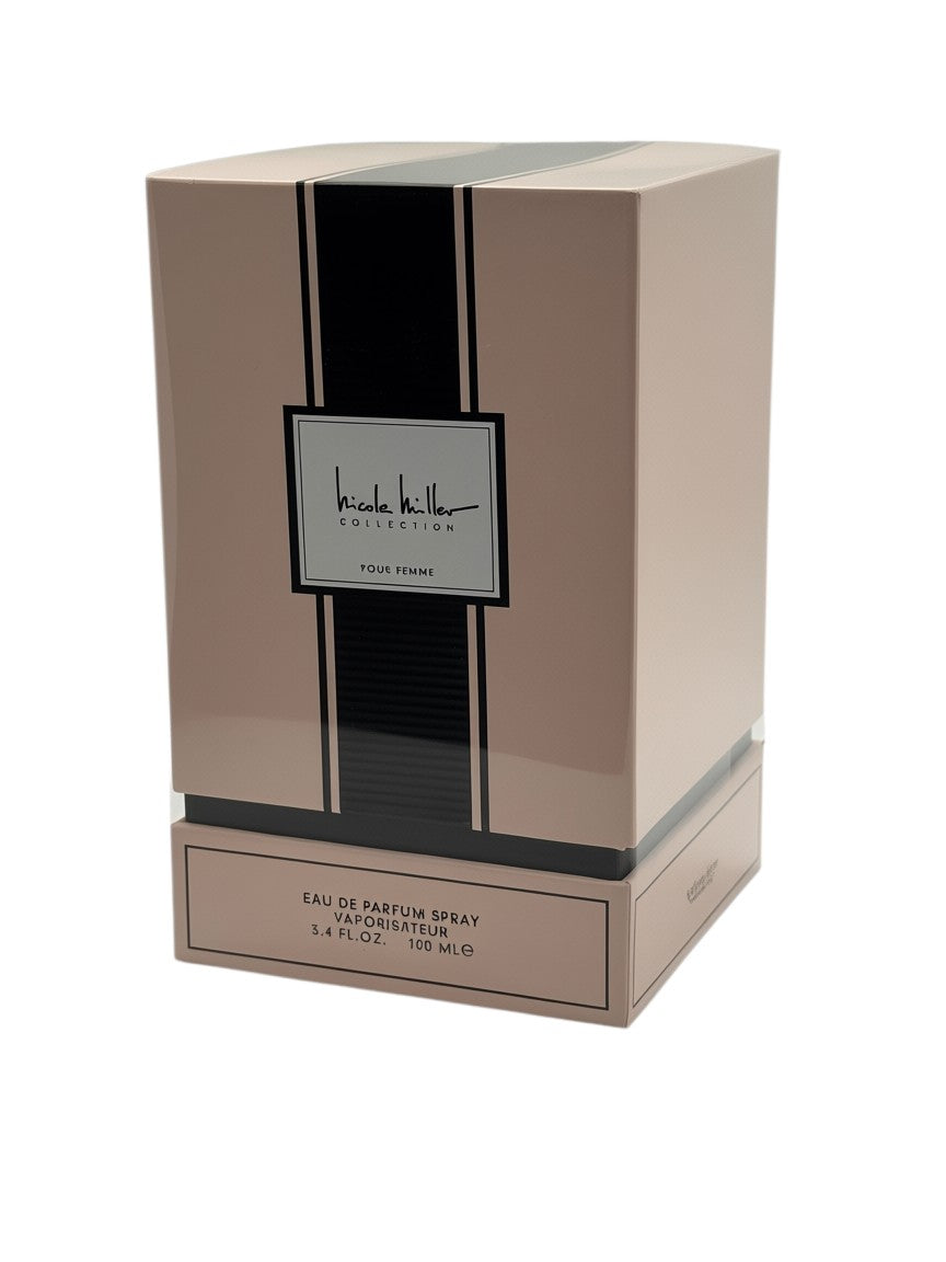 Paradime Enterprise LLC Nicole Miller Collection Pour Femme Eau De Parfum spray box in beige and black