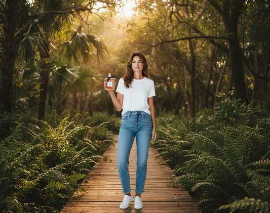 Paradime Enterprise LLC Nicole Miller Pour Femme perfume held by a woman in a white t-shirt on a forest boardwalk