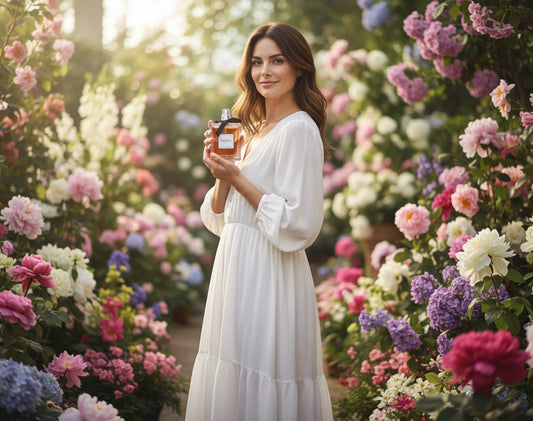 Paradime Enterprise LLC Nicole Miller Pour Femme perfume bottle held by a woman in a white dress in a floral garden
