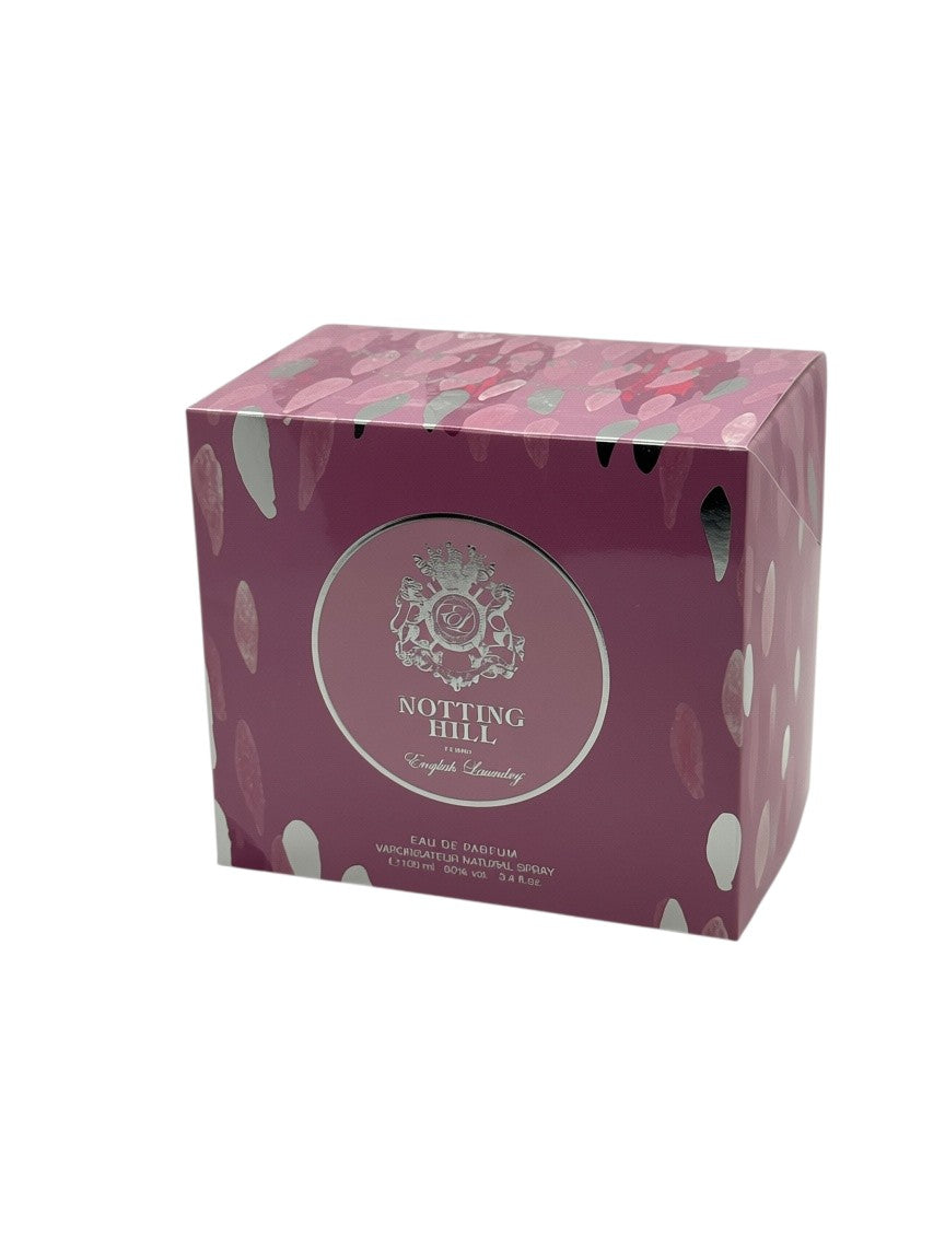 Paradime Enterprise LLC English Laundry Notting Hill Femme perfume box in pink with silver accents and floral design