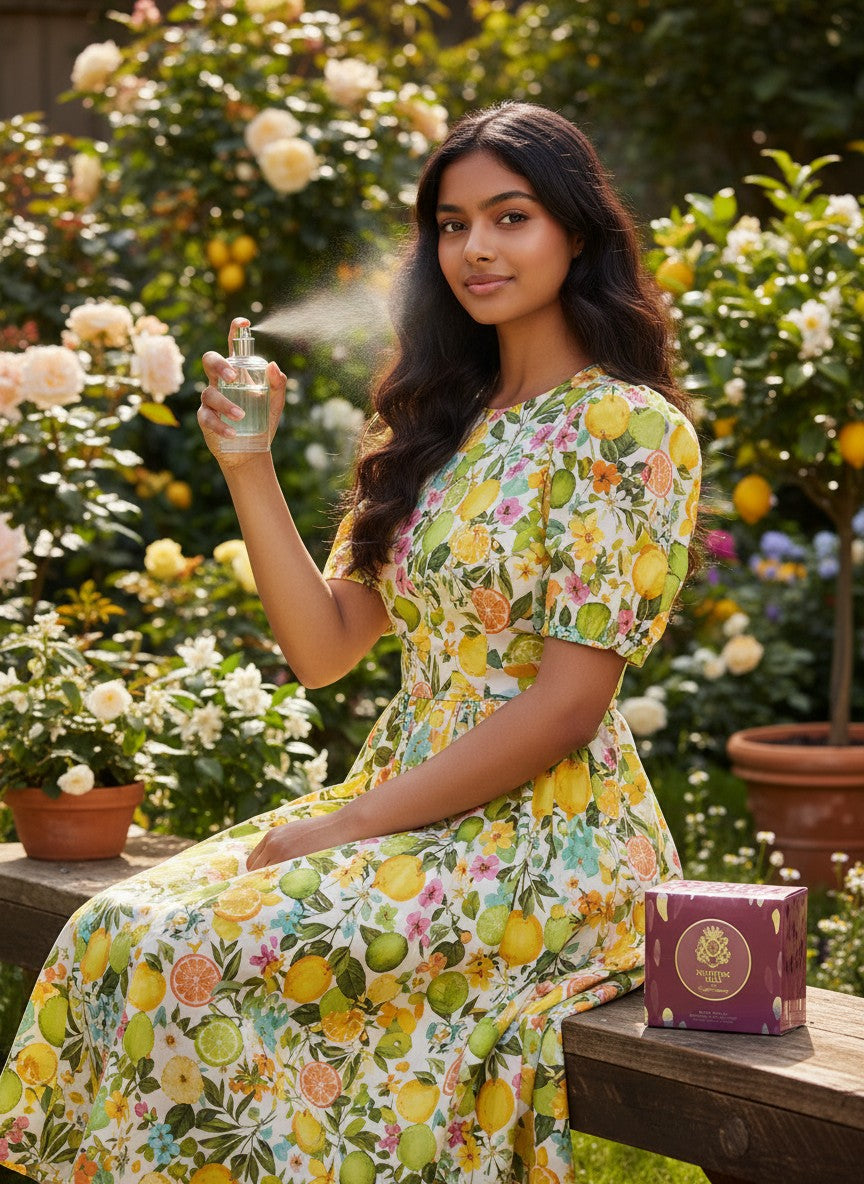Paradime Enterprise LLC English Laundry Notting Hill Femme perfume spray in a garden with a woman in a floral dress