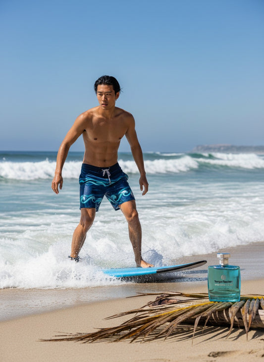 Paradime Enterprise LLC Sergio Tacchini Ocean Club fragrance bottle on beach with a man surfing in the background