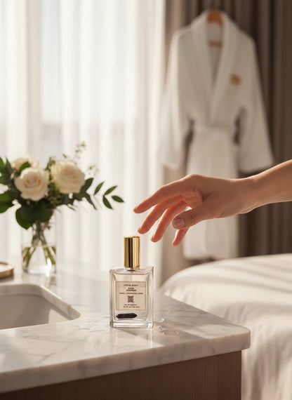 Paradime Enterprise LLC Crystal Beauty Onyx Strength perfume bottle with a real onyx crystal inside on a marble vanity