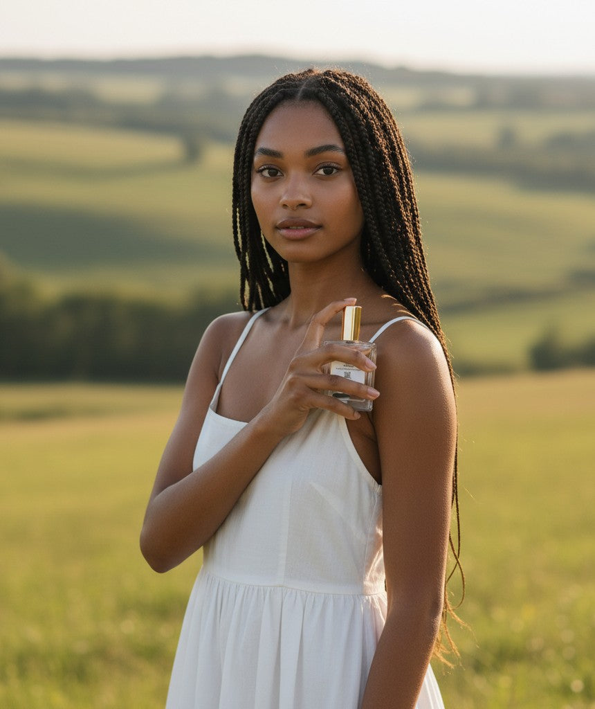 Paradime Enterprise LLC Crystal Beauty Onyx Strength perfume held by a woman in a white dress in a sunny field.