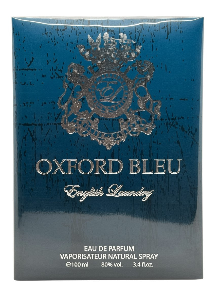 Paradime Enterprise LLC English Laundry Oxford Bleu Eau de Parfum 3.4 oz bottle in a deep blue box with silver crest.
