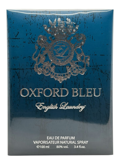 Paradime Enterprise LLC English Laundry Oxford Bleu Eau de Parfum 3.4 oz bottle in a deep blue box with silver crest.