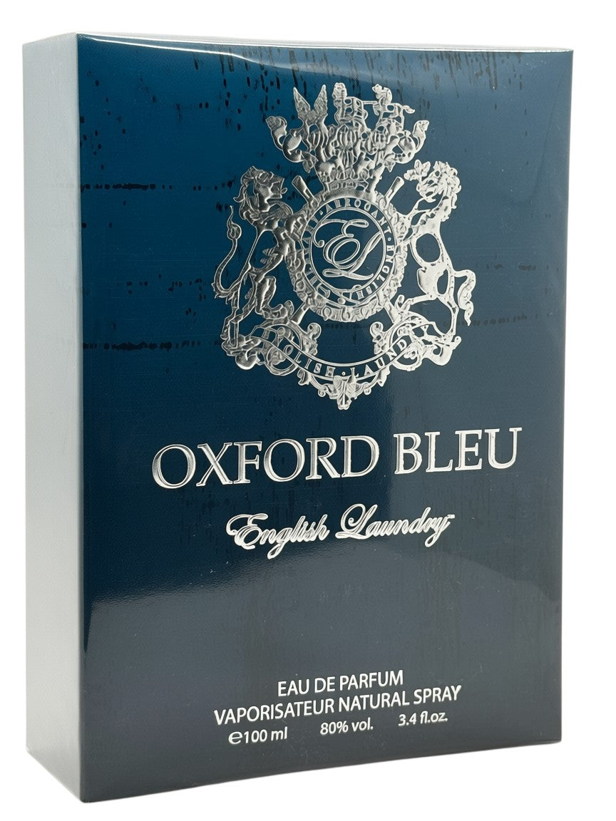 Paradime Enterprise LLC English Laundry Oxford Bleu Eau de Parfum in a glossy dark blue box with silver emblem.