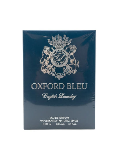 Paradime Enterprise LLC English Laundry Oxford Bleu Eau de Parfum 3.4 oz box in dark blue with silver crest logo