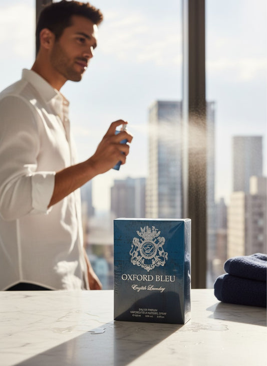 Paradime Enterprise LLC English Laundry Oxford Bleu perfume bottle with a man spraying fragrance in a bright city loft.