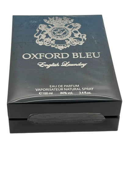 Paradime Enterprise LLC English Laundry Oxford Bleu Eau de Parfum 3.4 oz bottle in a dark blue box with silver logo.