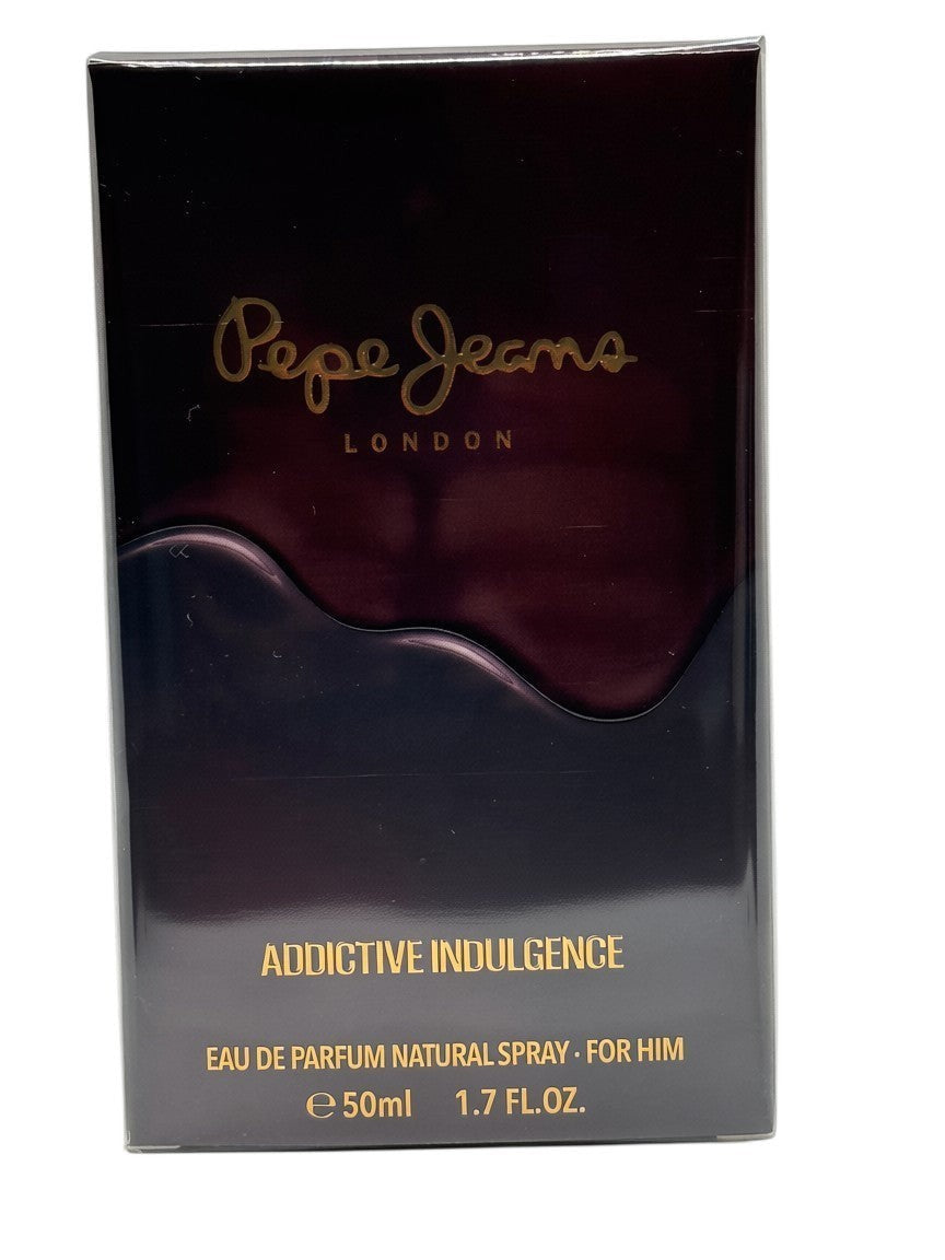 Paradime Enterprise LLC Pepe Jeans Addictive Indulgence EDP for men in a dark, liquid-effect 50ml glass bottle box.