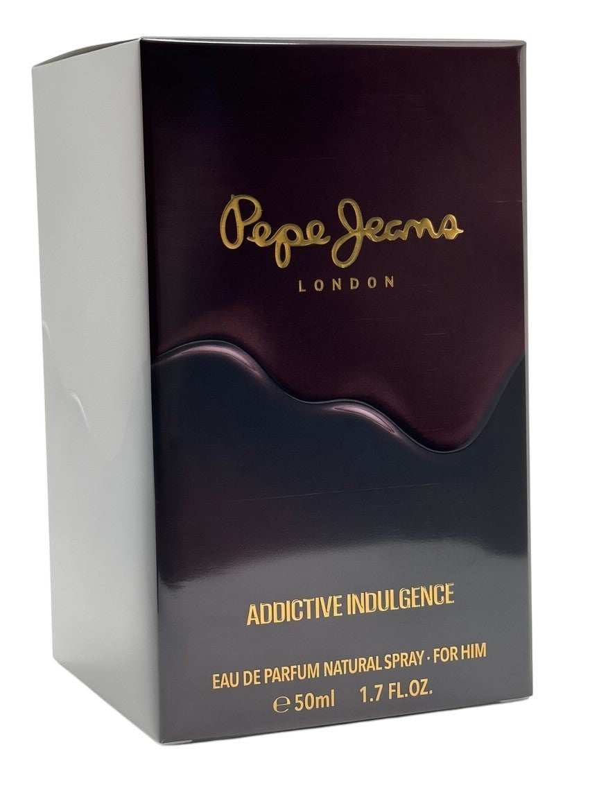 Paradime Enterprise LLC Pepe Jeans London Addictive Indulgence EDP for men in a dark purple and black box.