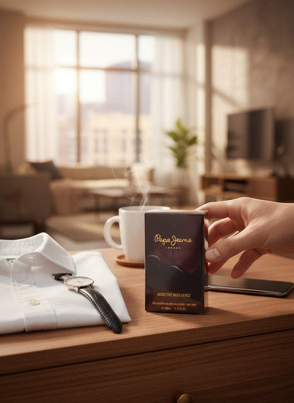 Paradime Enterprise LLC Pepe Jeans Addictive Indulgence EDP fragrance box on a desk with a shirt and watch.