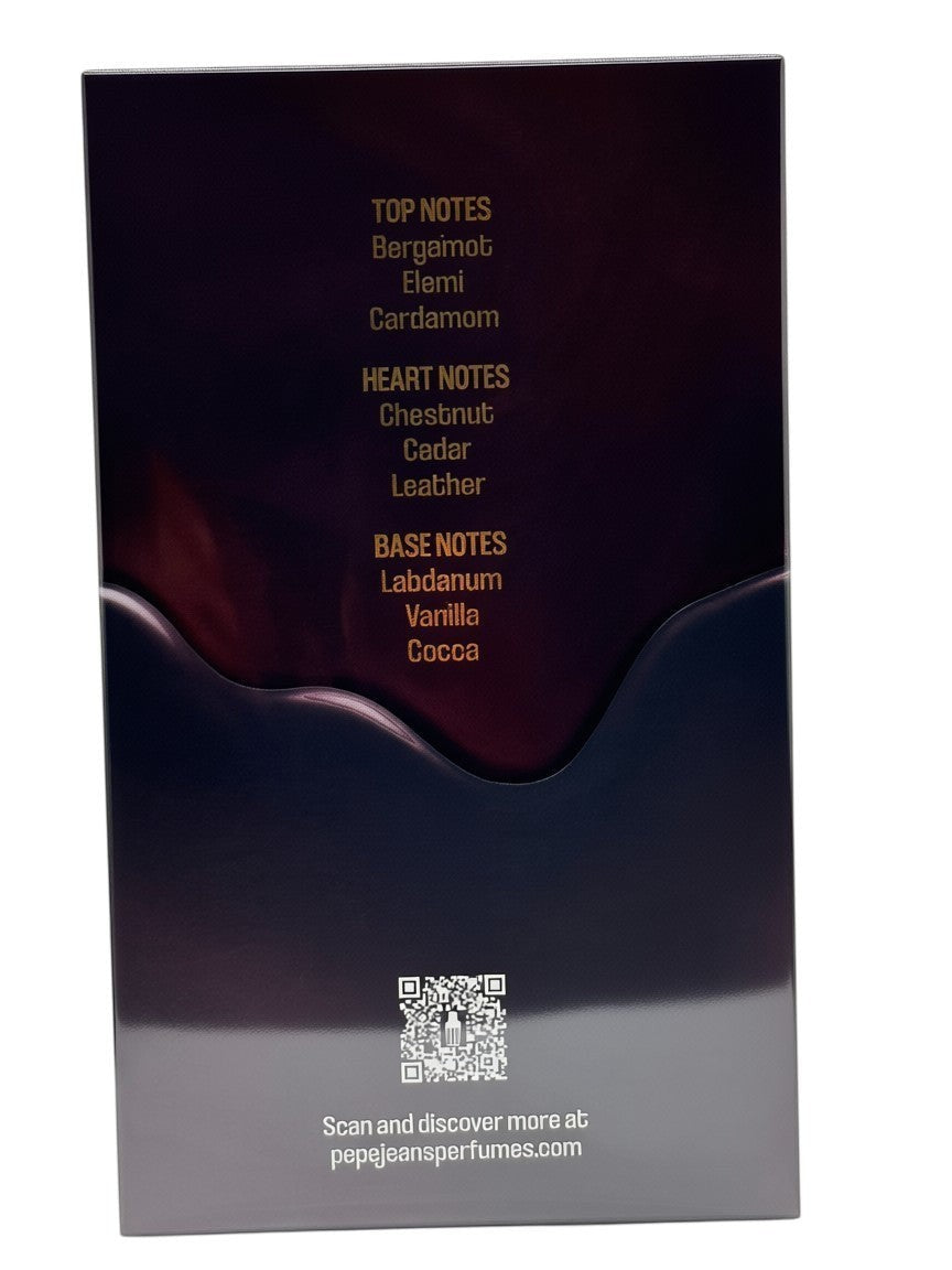 Paradime Enterprise LLC Pepe Jeans Addictive Indulgence fragrance notes list on a dark purple and black background.