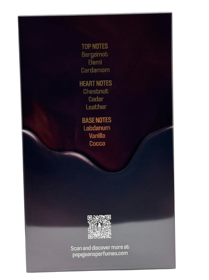 Paradime Enterprise LLC Pepe Jeans Addictive Indulgence fragrance notes list on a dark purple and black background.