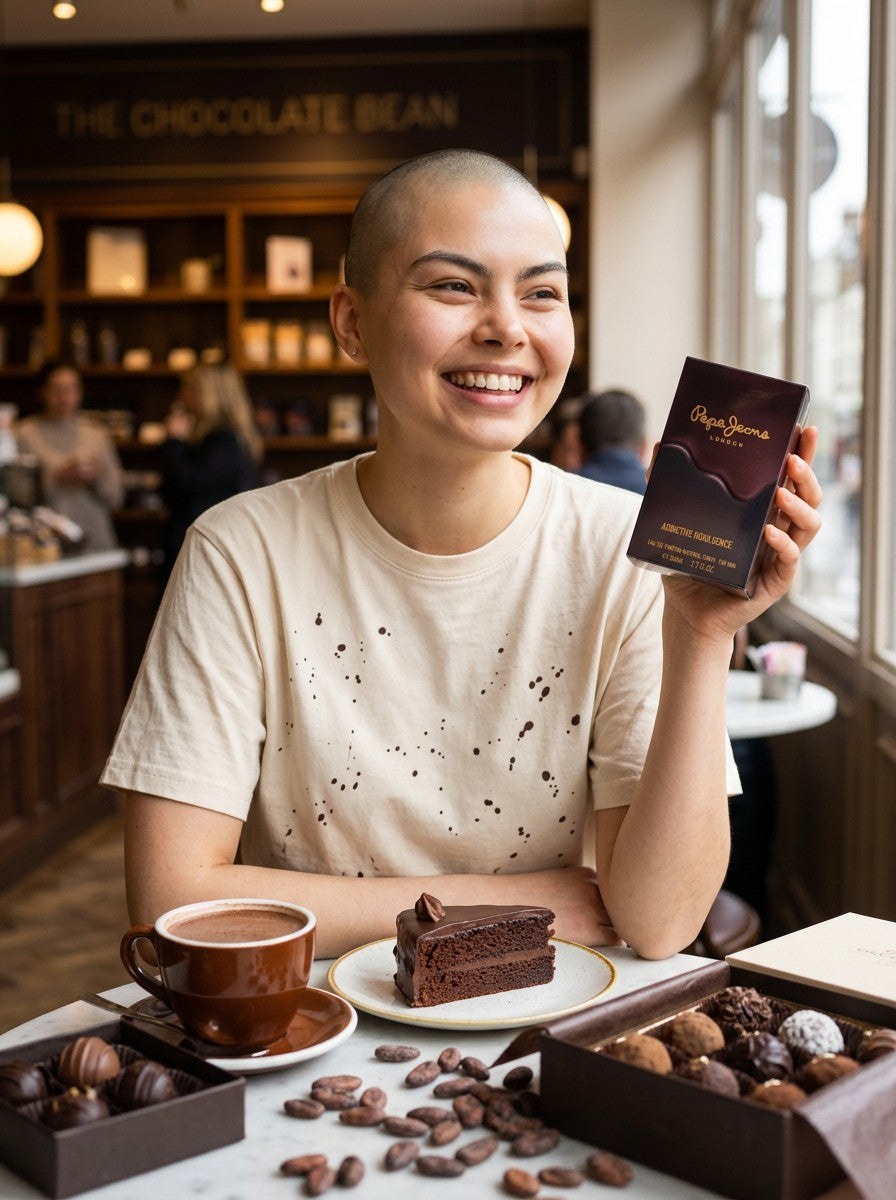 Paradime Enterprise LLC model holding Pepe Jeans Addictive Indulgence fragrance box in a chocolate cafe setting