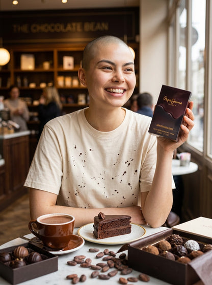 Paradime Enterprise LLC model holding Pepe Jeans Addictive Indulgence fragrance box in a chocolate cafe setting