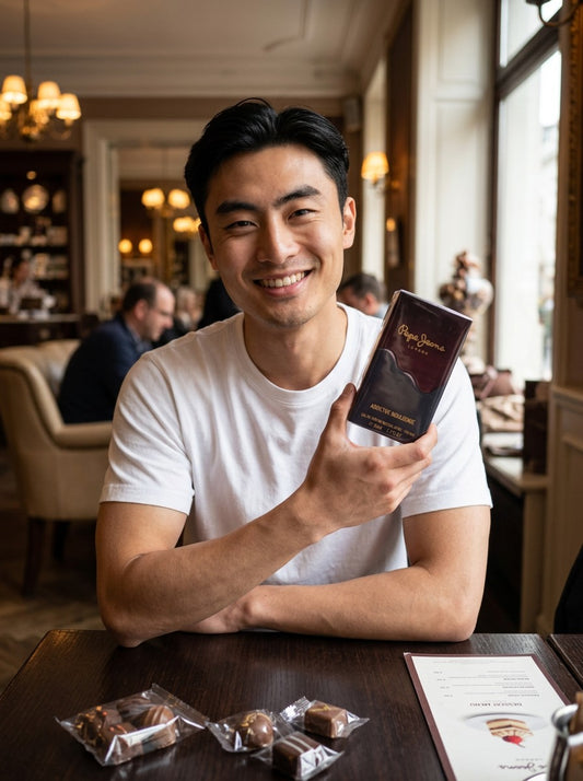 Paradime Enterprise LLC presents Pepe Jeans London Addictive Indulgence EDP held by a smiling man in a cafe.