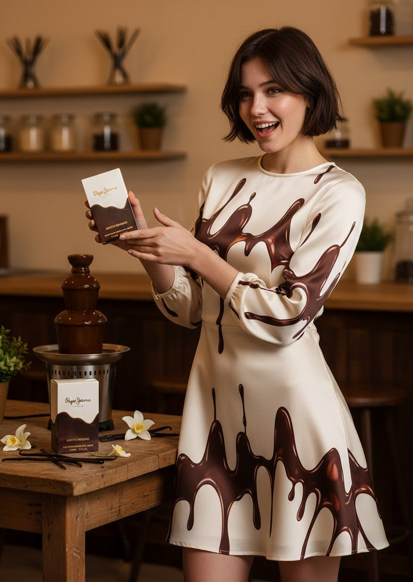 Paradime Enterprise LLC Pepe Jeans London Addictive Indulgence perfume bottle held by a woman in a chocolate dress