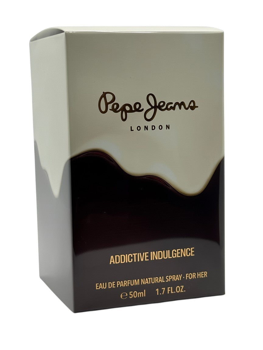 Paradime Enterprise LLC Pepe Jeans London Addictive Indulgence 50ml Eau de Parfum spray in a cream and dark brown box.