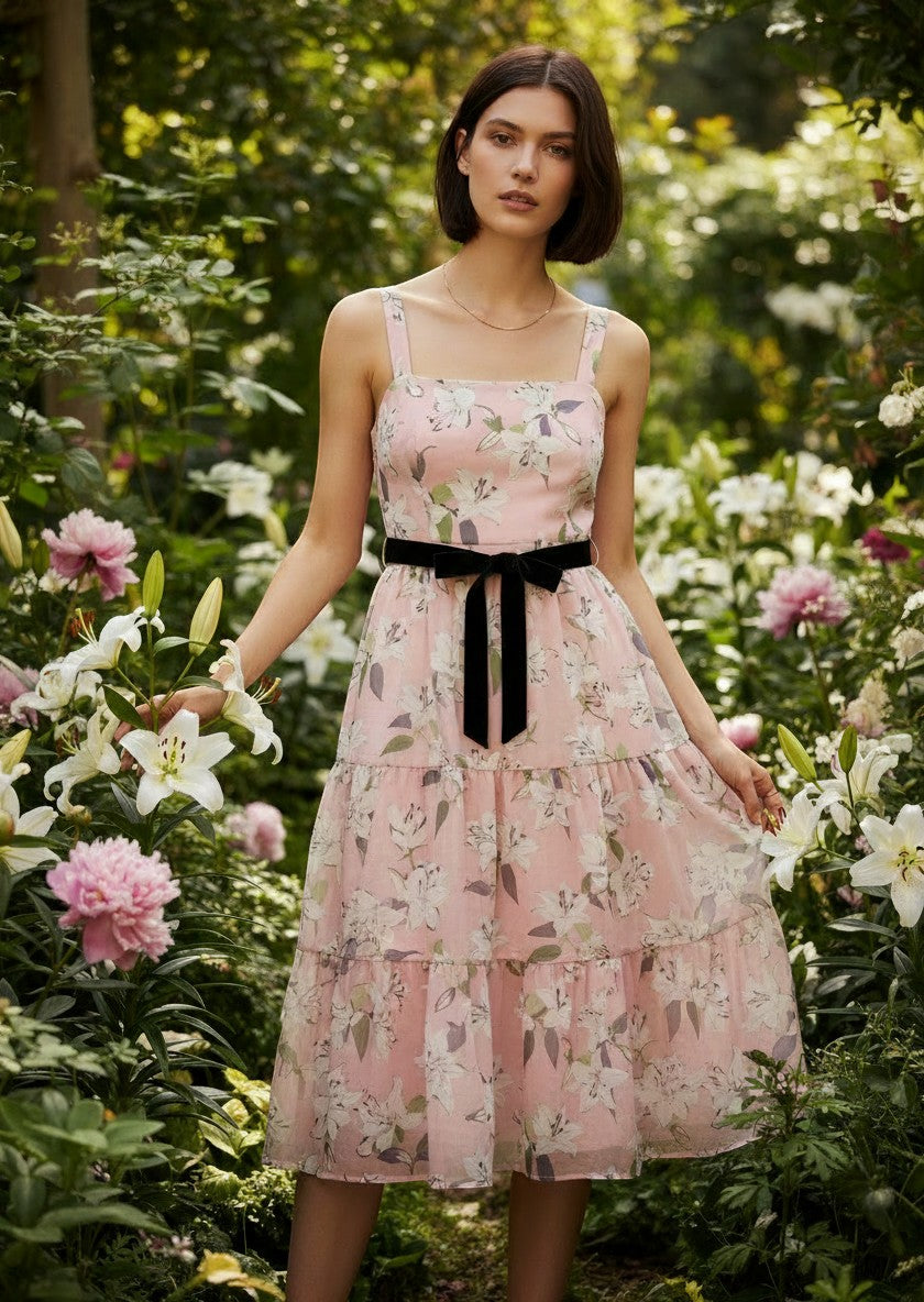Paradime Enterprise LLC Ellen Tracy Pink Sparkling gift set featuring a floral dress model in a lush garden setting.