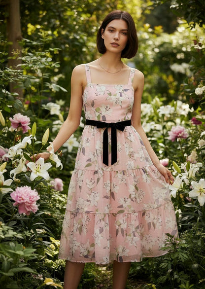Paradime Enterprise LLC Ellen Tracy Pink Sparkling gift set featuring a floral dress model in a lush garden setting.