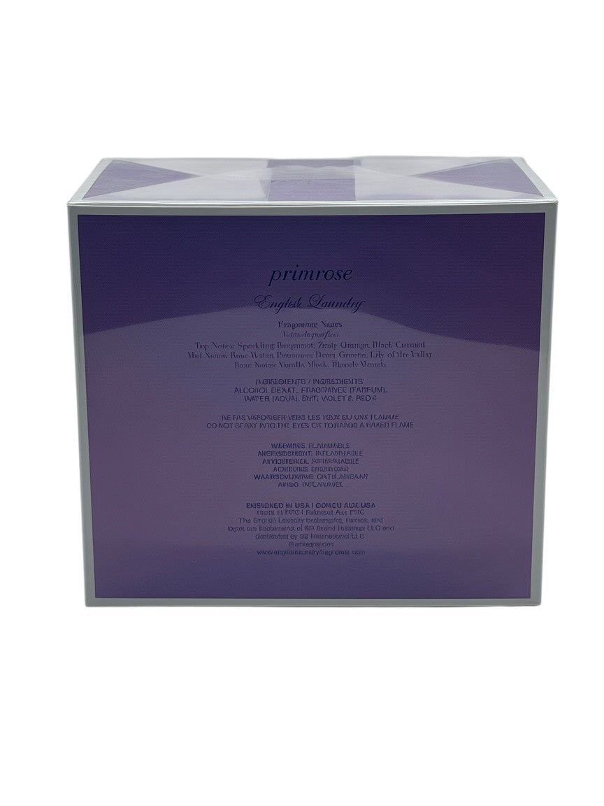 Back of the Paradime Enterprise LLC English Laundry Primrose perfume box featuring fragrance notes and ingredients.