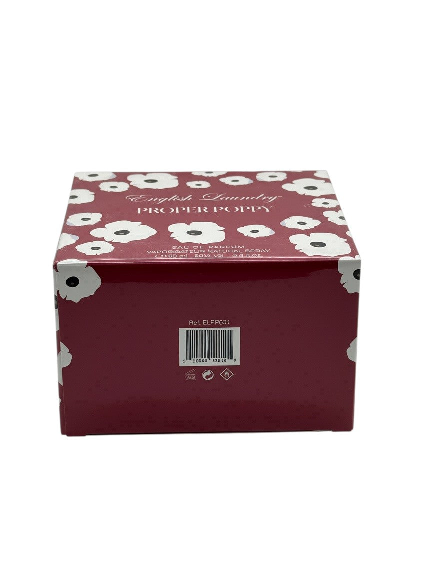 Paradime Enterprise LLC English Laundry Proper Poppy eau de parfum box with white poppy floral pattern on deep red