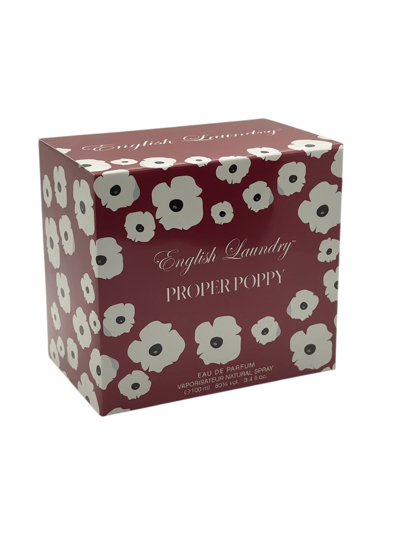 Paradime Enterprise LLC English Laundry Proper Poppy eau de parfum 3.4 oz box with red and white floral poppy pattern