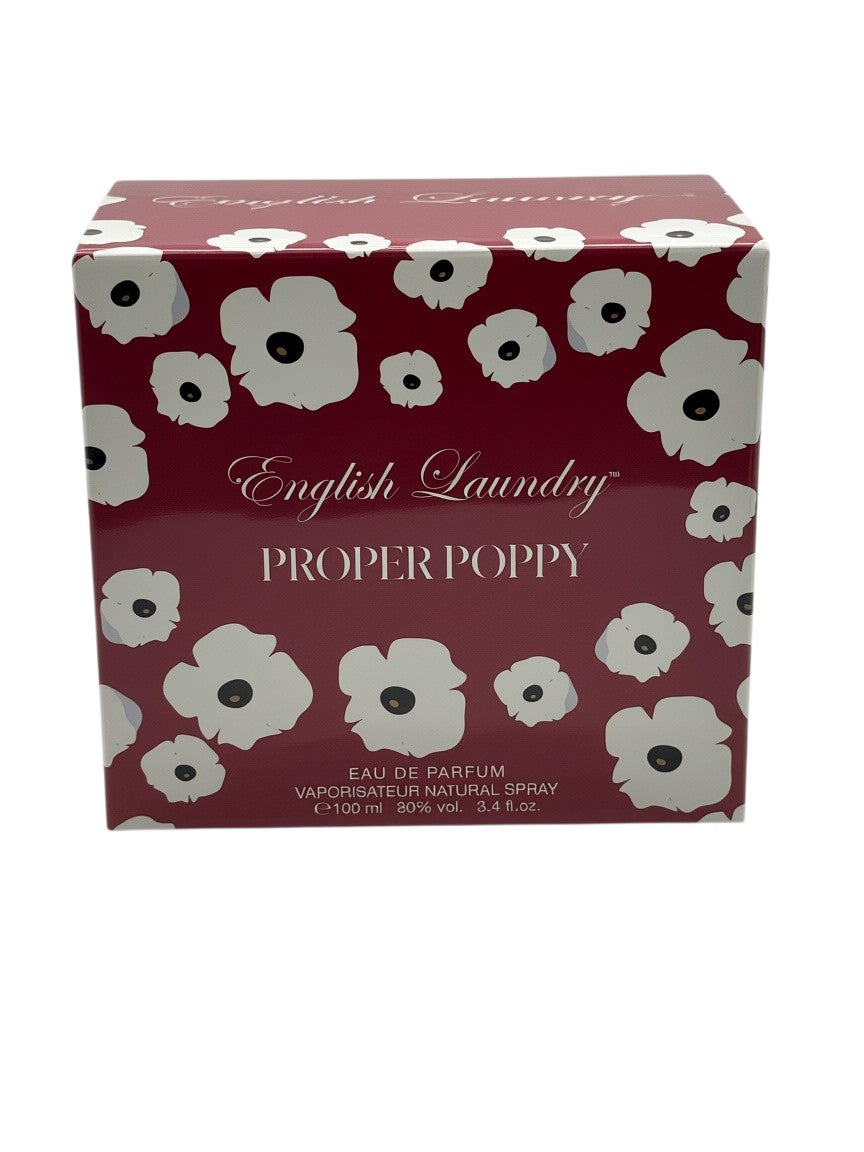 Paradime Enterprise LLC English Laundry Proper Poppy Eau de Parfum 3.4 oz box with red and white floral poppy pattern.