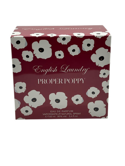 Paradime Enterprise LLC English Laundry Proper Poppy Eau de Parfum 3.4 oz box with red and white floral poppy pattern.