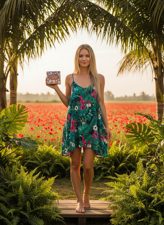 Paradime Enterprise LLC English Laundry Proper Poppy perfume box held by a woman in a floral dress in a poppy field.