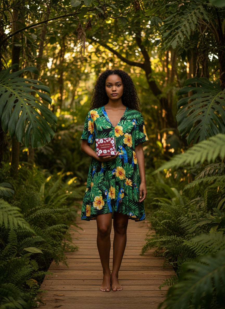 Paradime Enterprise LLC English Laundry Proper Poppy perfume bottle held by a woman in a tropical jungle setting.