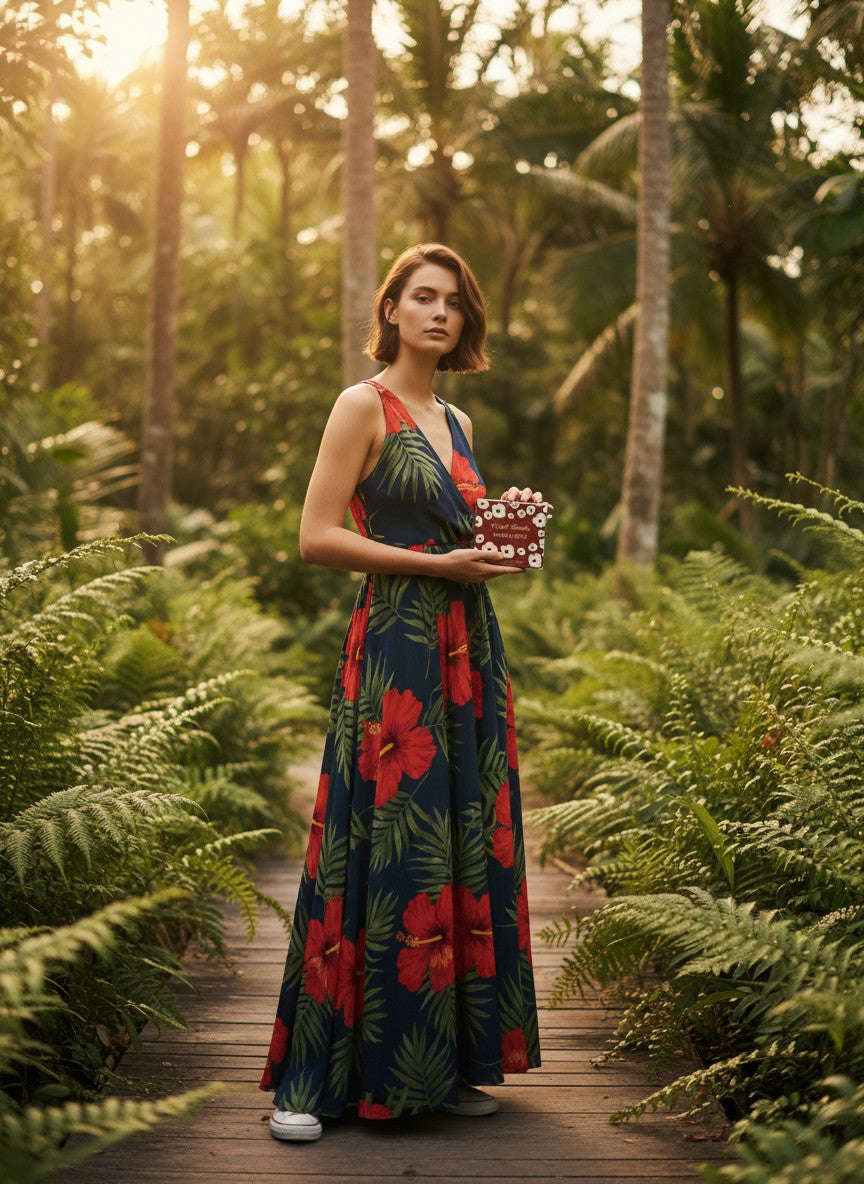 Paradime Enterprise LLC English Laundry Proper Poppy perfume bottle held by a woman in a floral maxi dress in a jungle