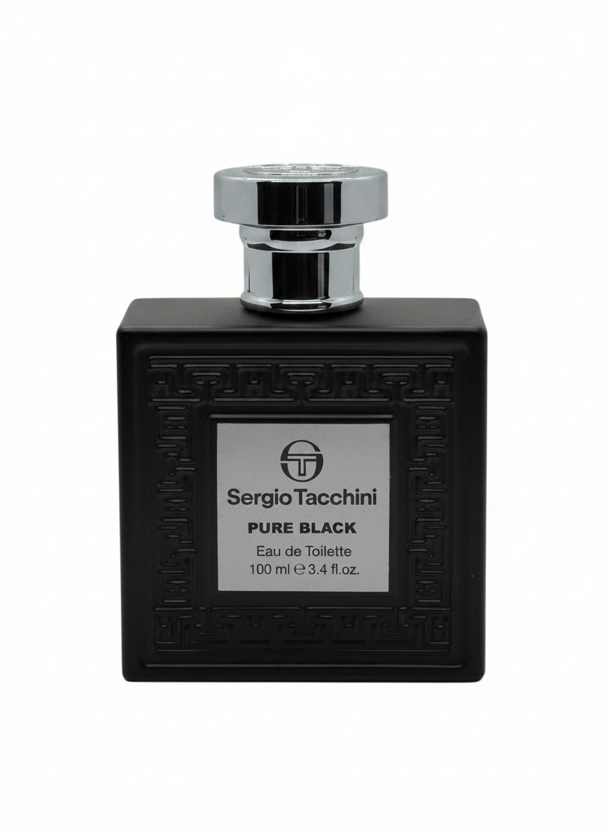 Paradime Enterprise LLC Sergio Tacchini Pure Black eau de toilette in a matte black bottle with a silver cap.