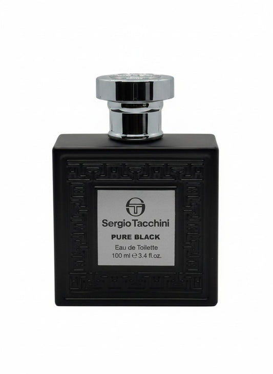 Paradime Enterprise LLC Sergio Tacchini Pure Black eau de toilette in a matte black bottle with a silver cap.