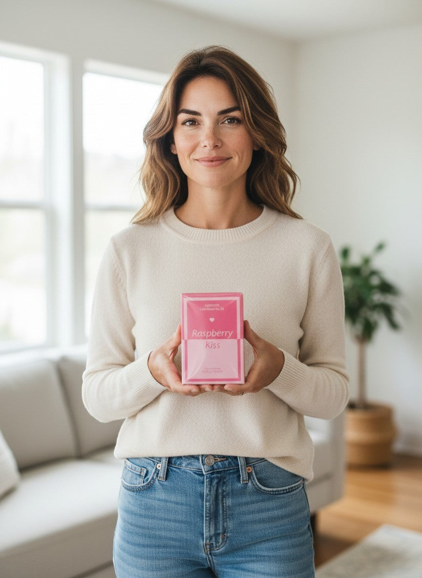 Paradime Enterprise LLC Aubusson Love Potion No.03 Raspberry Kiss perfume box held by a smiling woman in a cozy room