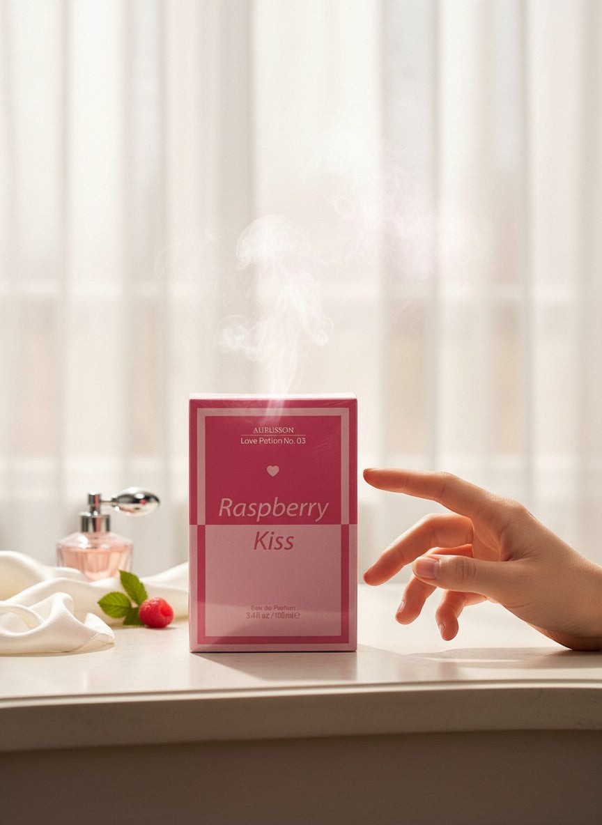 Paradime Enterprise LLC Aubusson Love Potion No.03 Raspberry Kiss perfume box with a fresh raspberry and vapor mist