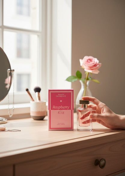 Paradime Enterprise LLC Aubusson Love Potion No.03 Raspberry Kiss perfume bottle and pink box on a vanity table.
