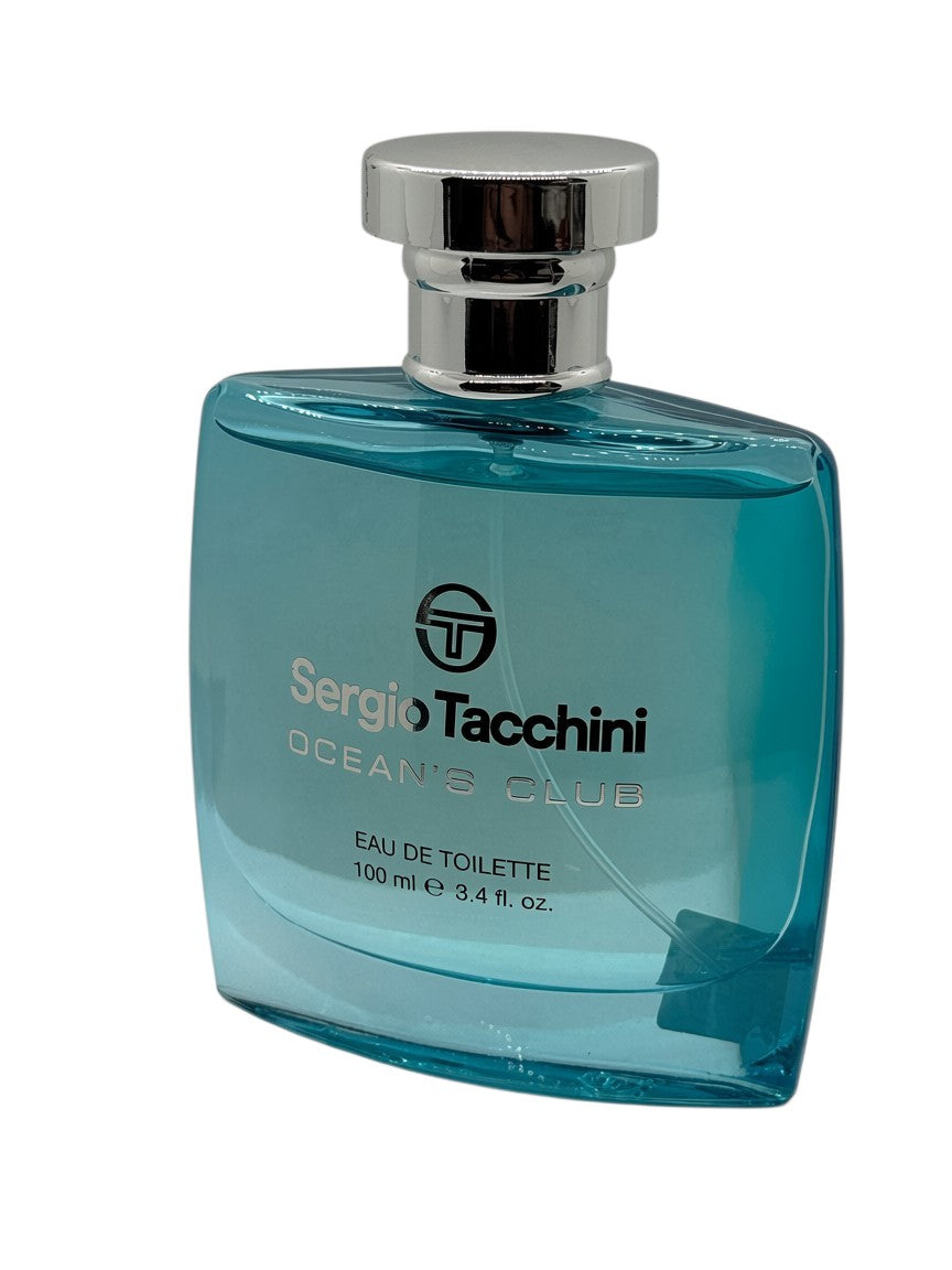 Paradime Enterprise LLC Sergio Tacchini Ocean Club 100ml eau de toilette bottle with blue glass and silver cap