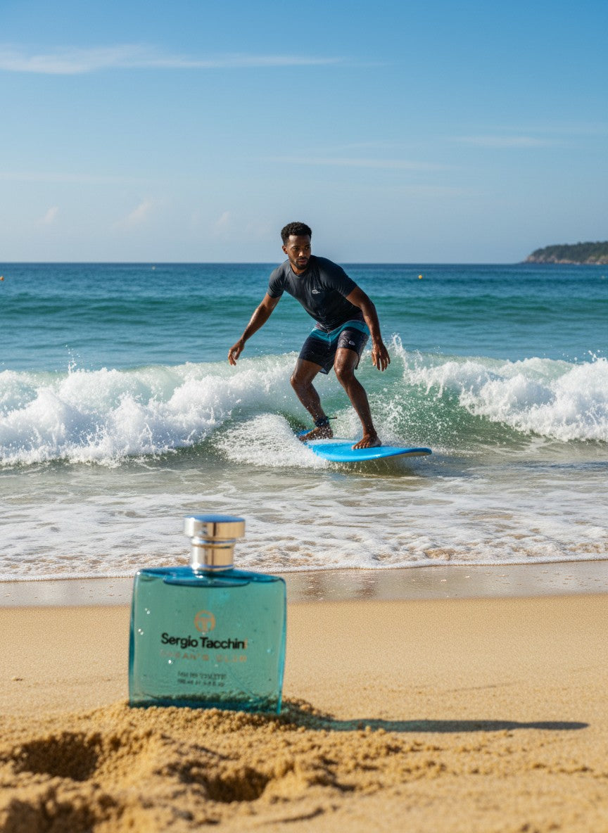 Paradime Enterprise LLC Sergio Tacchini Ocean Club EDT bottle on sandy beach with a surfer in the ocean background