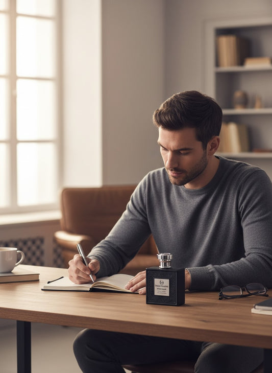 Paradime Enterprise LLC Sergio Tacchini Pure Black eau de toilette bottle on a desk with a man writing in a notebook.