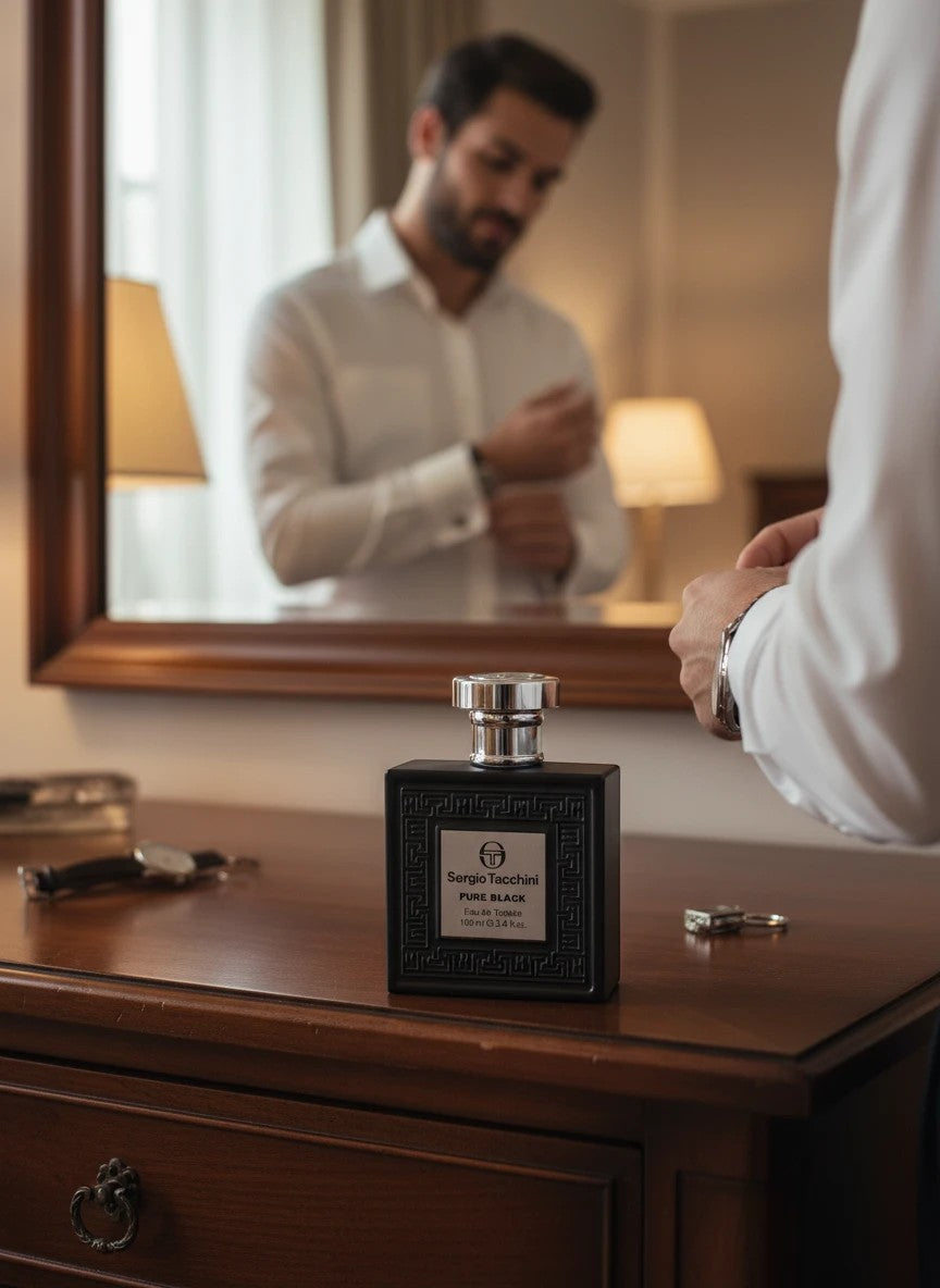 Paradime Enterprise LLC Sergio Tacchini Pure Black eau de toilette bottle on a wooden dresser with a man in mirror