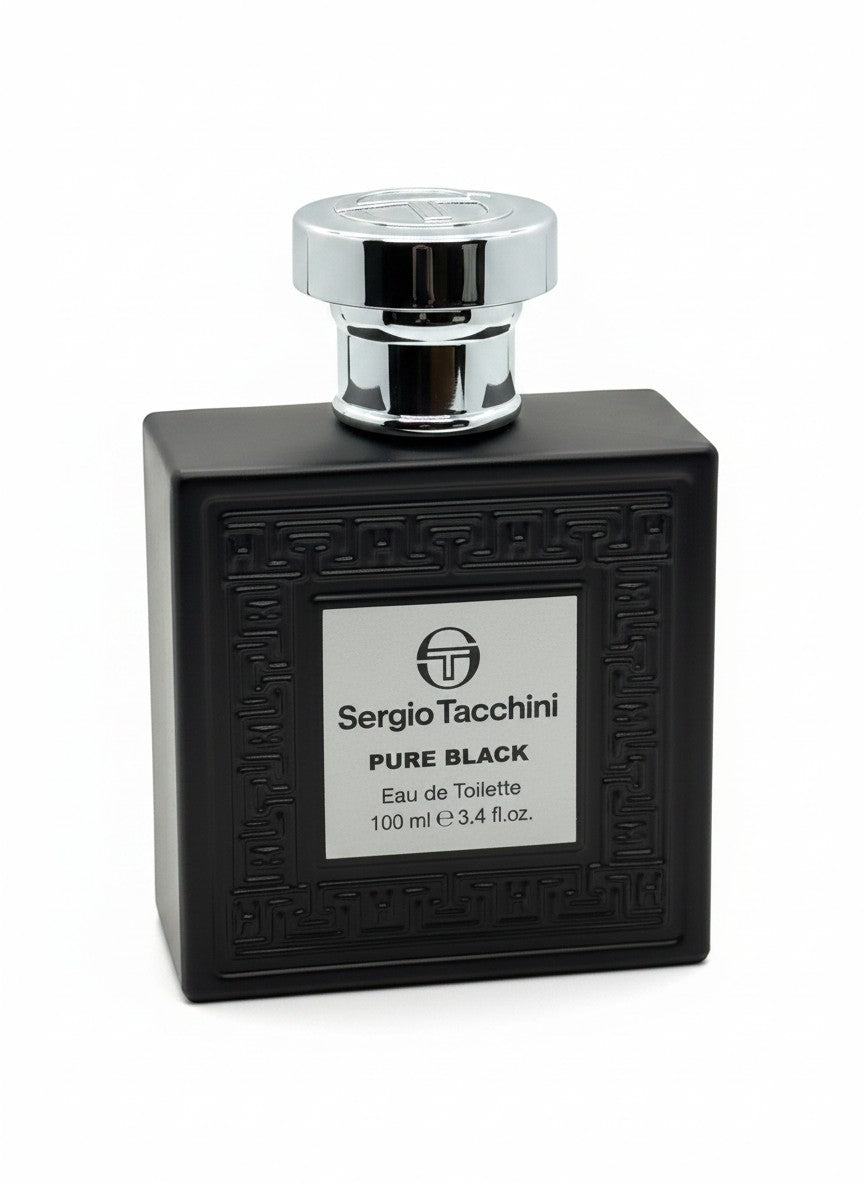 Paradime Enterprise LLC Sergio Tacchini Pure Black eau de toilette in a matte black square bottle with silver cap.