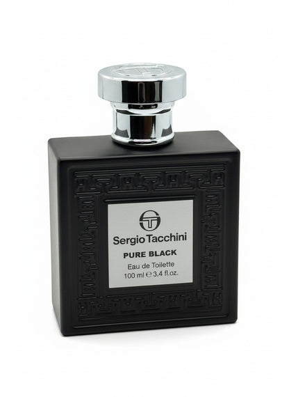 Paradime Enterprise LLC Sergio Tacchini Pure Black eau de toilette in a matte black square bottle with silver cap.