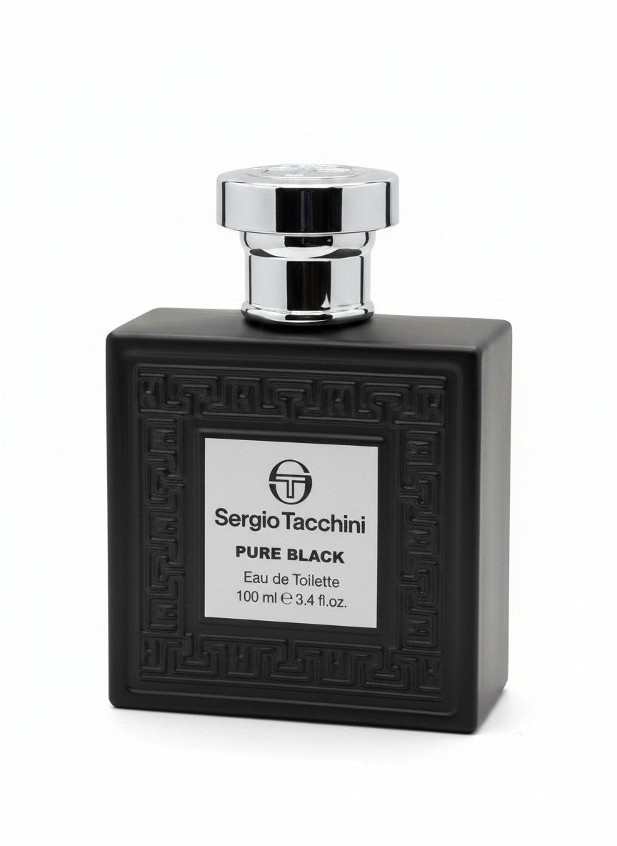 Paradime Enterprise LLC Sergio Tacchini Pure Black eau de toilette in a matte black rectangular bottle with silver cap
