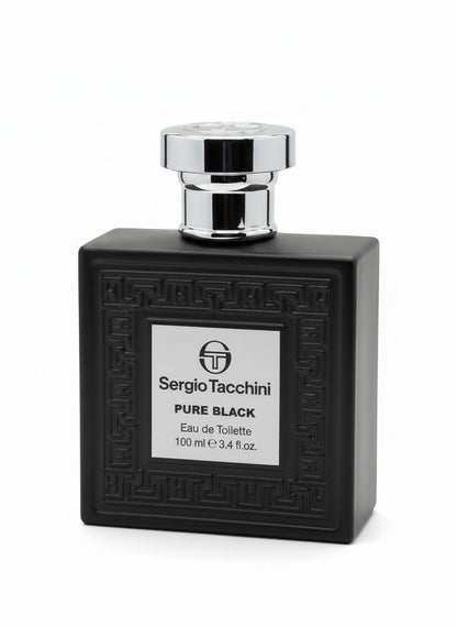 Paradime Enterprise LLC Sergio Tacchini Pure Black eau de toilette in a matte black rectangular bottle with silver cap