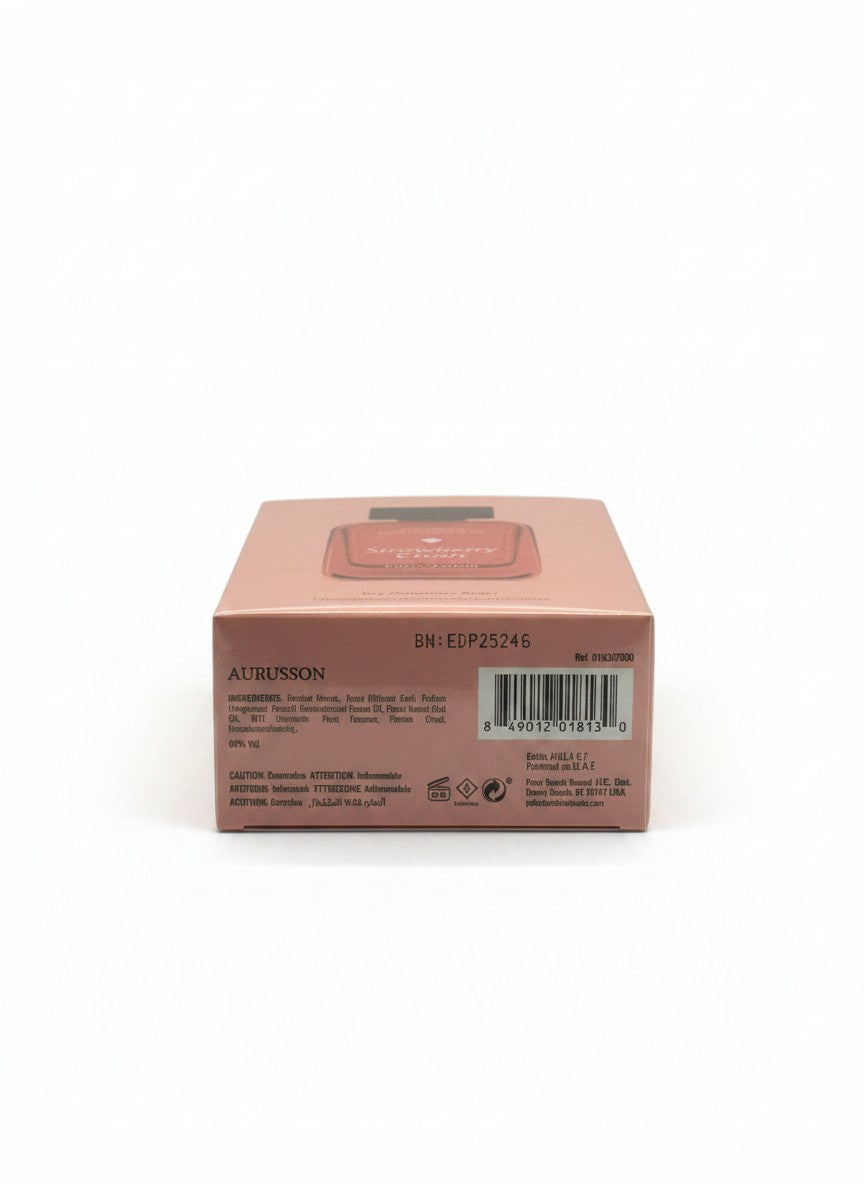 Paradime Enterprise LLC AURUSSON Strawberry Crush Eau De Parfum pink box back view with ingredients and barcode
